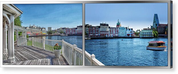 Castle Acrylic Print featuring the photograph Gazebo 02 Disney World Boardwalk Boat Passing By 2 Panel MP by Thomas Woolworth