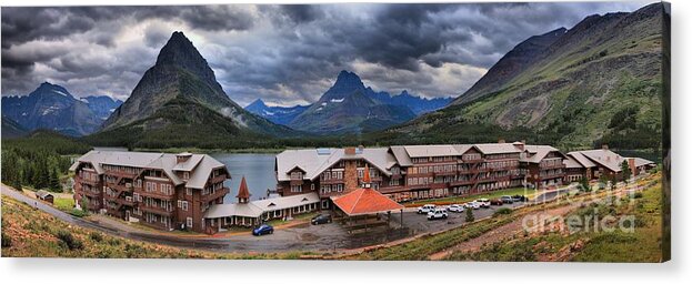 Many Glacier Lodge Panorama Acrylic Print featuring the photograph Storms Over Paradise by Adam Jewell