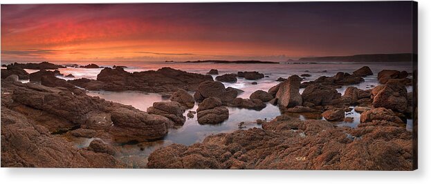 #panoramic #seascape #sea #beautiful #orange #rocks #waves #cornwall #relaxing #striking #colourful #sunset #panorama #sand #england #smooth #still #ocean #sharp #texture #ruff #scenic #long #summer #evening Acrylic Print featuring the photograph To Sea's Unknown by John Chivers