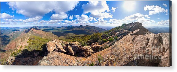 Wilpena Pound St Mary Peak Flinders Ranges South Australia Australian Outback Landscape Landscapes Pano Panorama Acrylic Print featuring the photograph Wilpena Pound and St Mary Peak by Bill Robinson