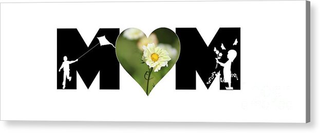 Mom Acrylic Print featuring the photograph White Cosmos in Heart with Little Girl and Boy MOM Big Letter by Colleen Cornelius