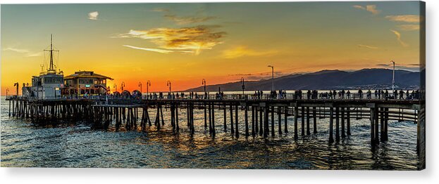 Santa Monica Pier Sunset Acrylic Print featuring the photograph Golden Hour - Panorama by Gene Parks