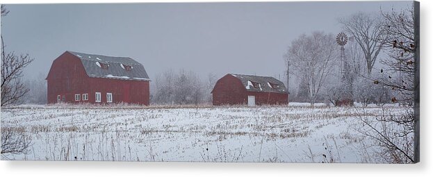#winter #landscape #photograph #fine Art #door County #wisconsin #midwest #wall Décor #wall Art #hiking #walking #long Exposure #focus Stacking #hdr Photography #adventure #outside #environment #outdoor Lover #snow #ice #cold #snowshoeing # Cross Country Skiing #red Barn #apple Tree #apple Orchard #rim Ice #barn #old Barn #abandoned #shadows #red #white #gnarly #old Tree Acrylic Print featuring the photograph Pano Orchard by David Heilman