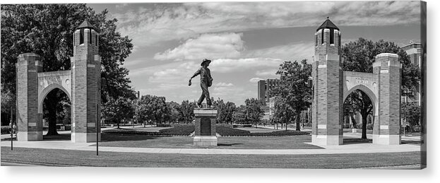 Sower Statue Acrylic Print featuring the photograph Sower Statue on the campus of the University of Oklahoma in panoramic black and white by Eldon McGraw