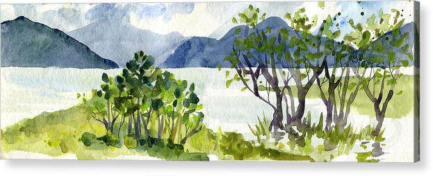 Watercolor Acrylic Print featuring the digital art Watercolor Mountain and Lake Landscape Scenery Painting by Sambel Pedes