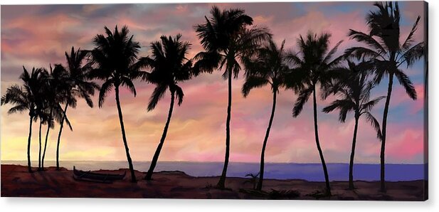 Hawaiian Sunset Acrylic Print featuring the painting Palm Tree Sunset with Canoe by Stephen Jorgensen