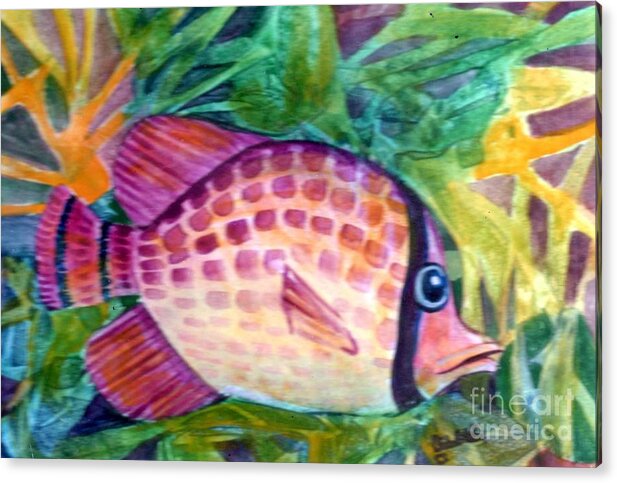 Colorful Imaginary Fish In A Rainbow-colored Make Believe Underwater World. This Vibrant Fish Painting Is The Perfect Accent Piece To Brighten Your Room Or Attract Attention When Added To Any Grouping.  Acrylic Print featuring the painting Pink and Fuchsia Spots by Joan Clear