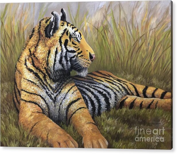 Tiger Acrylic Print featuring the pastel Tiger in Grass by Wendy Koehrsen