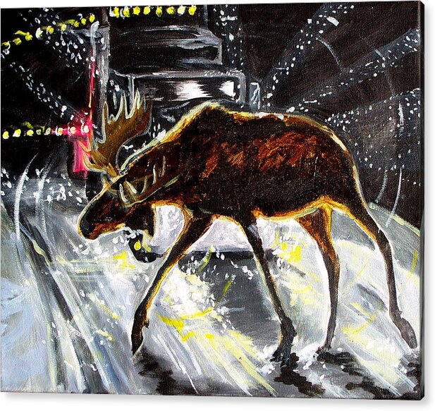 Moose Elk Deer Rig Truck Car Night Driving Snow Blizzard Dark Acrylic Print featuring the painting Moose Crossing by Jenn Cunningham