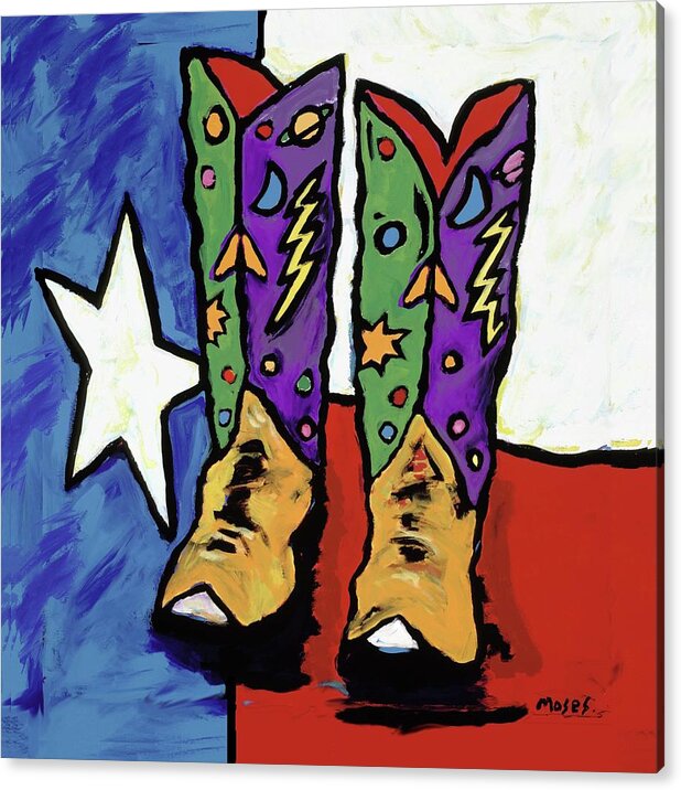 Texas Art Acrylic Print featuring the painting Boots On A Texas Flag by Dale Moses