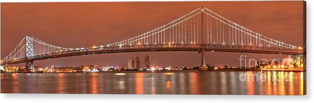 Ben Franklin Panorama Acrylic Print featuring the photograph Ben Franklin Bridge Dusk Panorama by Adam Jewell