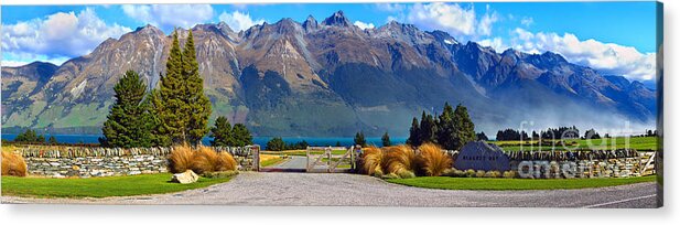Mountains Mountain Landscape Landscapes South Island New Zealand Valley Pano Panorama Farming Road Gate Stone Wall Glenorchy Rural Landscape Landscapes South Island New Zealand Lake Wakatipu Panoramic Panoramas Blanket Bay Acrylic Print featuring the photograph Blanket Bay and Mt Bonpland by Bill Robinson