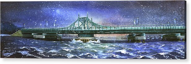 City Island Acrylic Print featuring the painting City Island Bridge Winter by Marguerite Chadwick-Juner