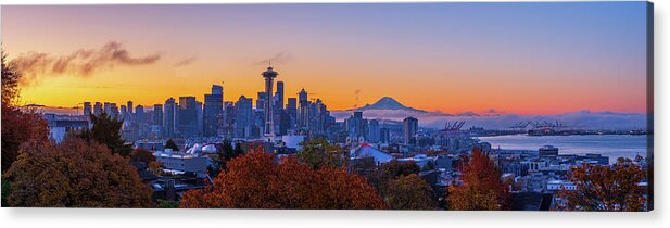 Outdoor; Sunrise; Space Needle; Elliot Bay; Port Seattle; Fall; Color; Maples; Mt Rainier; Downtown; Seattle; Washington Beauty; Pnw; Pacific North West Acrylic Print featuring the digital art Early Morning Seattle by Michael Lee