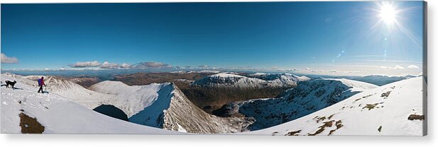 Scenics Acrylic Print featuring the photograph Lake District Snow Summit Sunburst by Fotovoyager