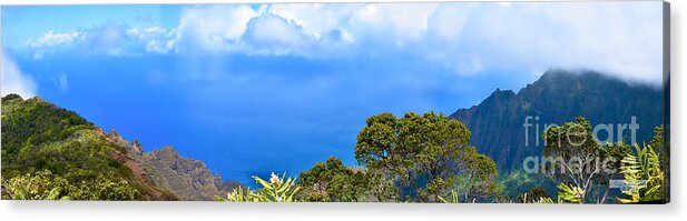 #gary #richards #garyfrichards #kauai #waterfall #island #archipelago #garden #gardenisle #tropical #rainforest #cliffs #napalicoast #napali #hollywood #waimea #canyon #waimeacanyon #nounou #trails #sleeping #giant #mountain #kalalau #valley #lookout #ridge #hiking #manawaiopuna #jurassicpark #punahoapoint #mahaulepuheritagetrail #hawaii #rainbow #mist Acrylic Print featuring the photograph Kalalau Lookout Pano 1 by Gary F Richards