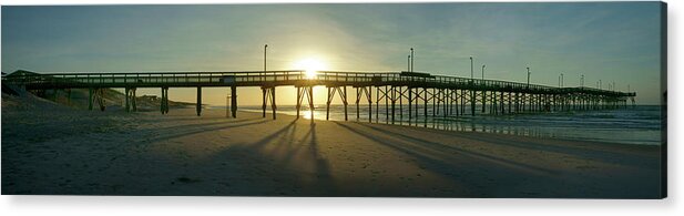 Beach Scene Acrylic Print featuring the photograph Sunrise at the Jolly Roger Pier by Mike McGlothlen
