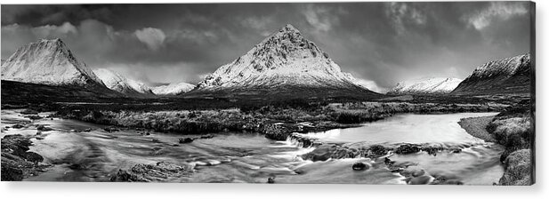 Buachaille Etive More Acrylic Print featuring the photograph Buachaille Winter Panorama Mono by Grant Glendinning