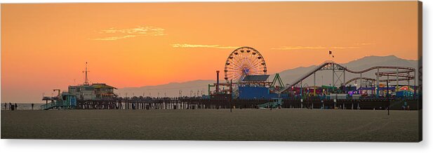 Santa Monica Pier Acrylic Print featuring the photograph Orange Sunset - Panorama by Gene Parks