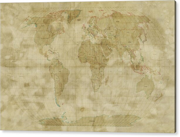 Map Of The World Acrylic Print featuring the digital art World Map Antique Style by Michael Tompsett