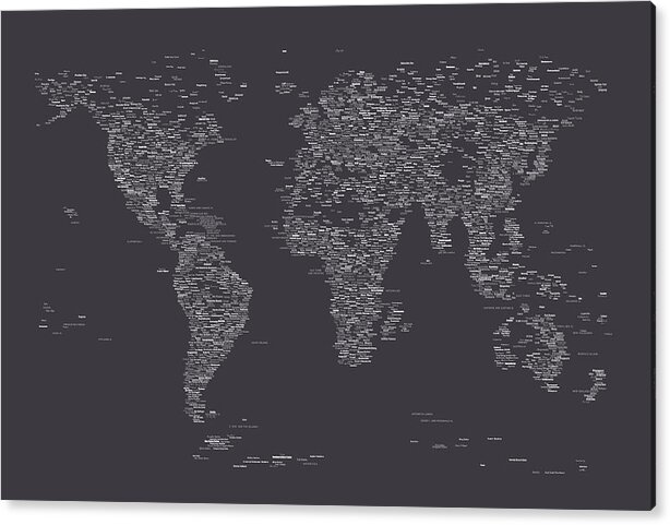 Map Of The World Acrylic Print featuring the digital art World Map of Cities #9 by Michael Tompsett