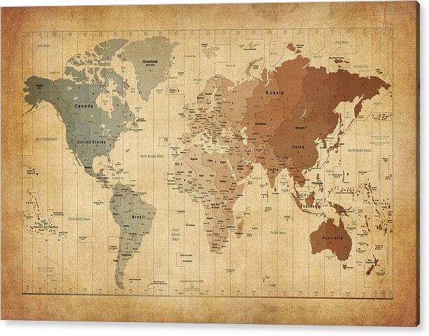 World Map Canvas Acrylic Print featuring the digital art Time Zones Map of the World by Michael Tompsett