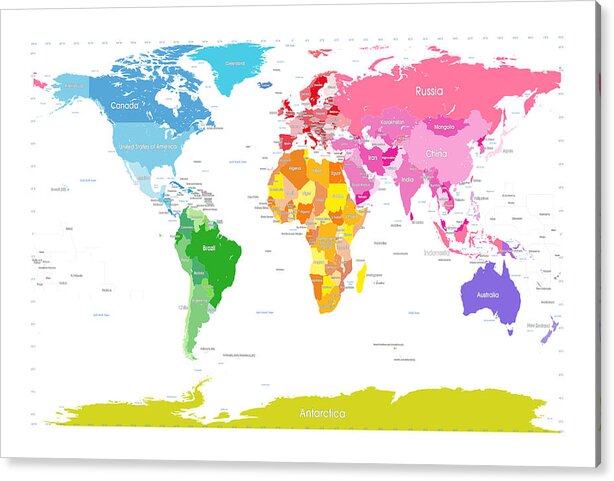 World Map Acrylic Print featuring the digital art Continents World Map Large Text for Kids by Michael Tompsett