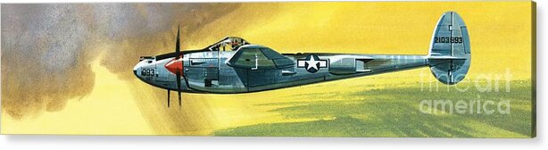 Aircraft; Aeroplane; Plane; Flying; Curtis P-40b; North American P-51b Mustang; Republic P-47n Thunderbolt;l Ockheed P-38j Lightning Acrylic Print featuring the painting Lockheed P-38J Lightning by Wilf Hardy