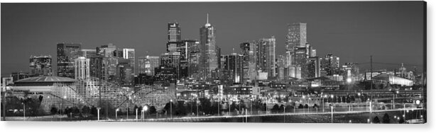 Denver Skyline Acrylic Print featuring the photograph Denver Skyline at Dusk Black and White BW Evening Extra Wide Panorama Broncos by Jon Holiday