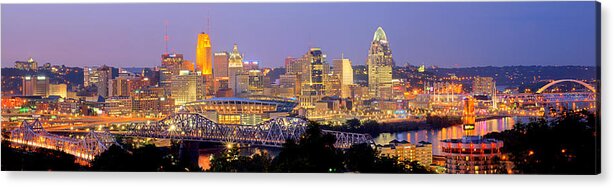 Cincinnati Skyline Acrylic Print featuring the photograph Cincinnati Skyline at Dusk Sunset Color Panorama Ohio by Jon Holiday