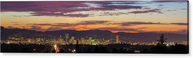 Portland Acrylic Print featuring the photograph Portland Oregon City Skyline Sunset Panorama by David Gn