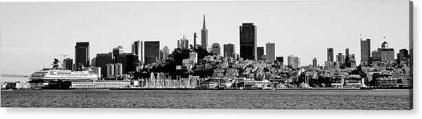 San Acrylic Print featuring the photograph San Fran Skyline Panorama Black And White by Benjamin Yeager