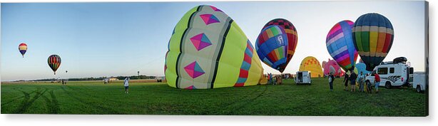 Hot Acrylic Print featuring the photograph Hot Air Balloon Sunrise Launch Panorama by Carolyn Hutchins
