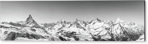 Alpine Acrylic Print featuring the photograph The Matterhorn and Swiss Mountains Panorama BW by Rick Deacon