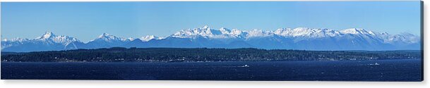 Olympic Mountains; Washington; Snow; Puget Sound; Water; Shoreline; Sky; Blue; Scenic; Northwest; Sunny; Sea; Bay; Snowy; Clear; Landscape; View; Wide; Outdoors; Panorama; Peaks; Scene; Edmonds; Seattle; Kitsap; Background; Fog Acrylic Print featuring the photograph Olympic Mountains From Shoreline by Mary Jo Allen