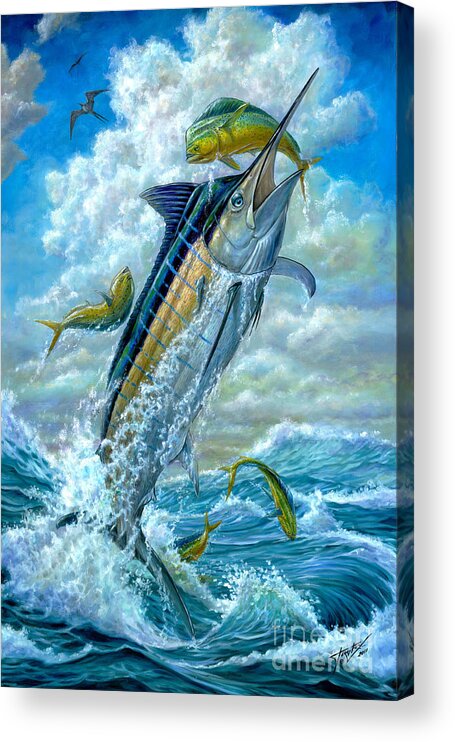 Blue Marlin Acrylic Print featuring the painting Big Jump Blue Marlin With Mahi Mahi by Terry Fox