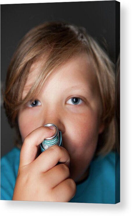 Asthma Attack Acrylic Print featuring the photograph Child Using Asthma Inhaler #1 by Lewis Houghton/science Photo Library