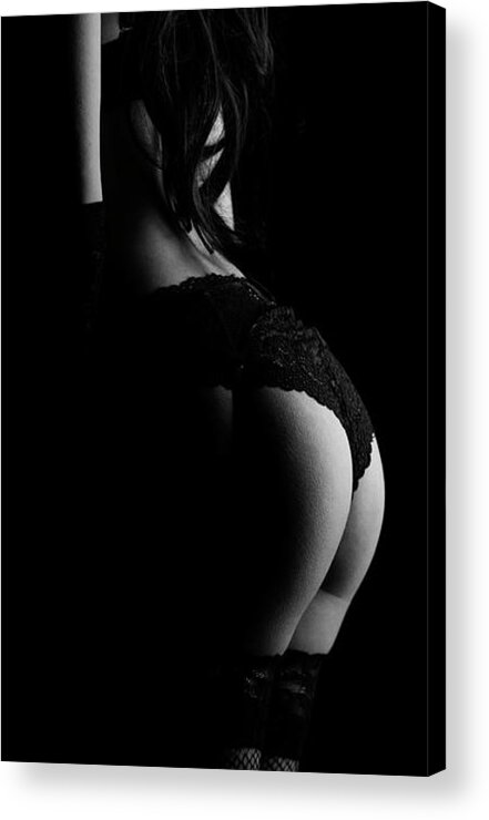 Woman Acrylic Print featuring the photograph Female nude from behind with red fabric by Jelena Jovanovic