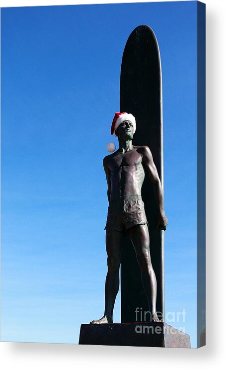 Statue Of Surfer At Christmastime Acrylic Print featuring the photograph Holiday Surfer #1 by Theresa Ramos-DuVon