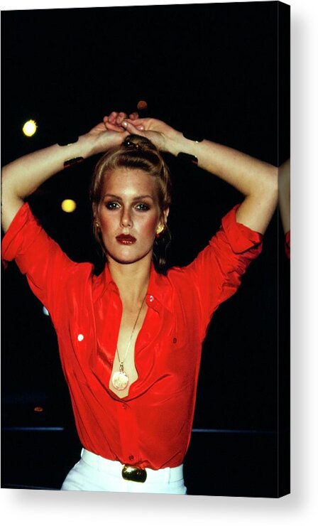 #condenastvoguephotograph Acrylic Print featuring the photograph Patti Hansen Wearing A Red Shirt #1 by Arthur Elgort