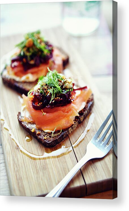 Bakery Acrylic Print featuring the photograph Salmon Tartine On Rye Bread On Wooden #1 by Jake Curtis