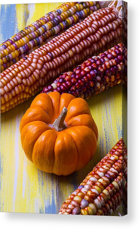 Indian Acrylic Print featuring the photograph Small pumpkin and Indian corn #2 by Garry Gay