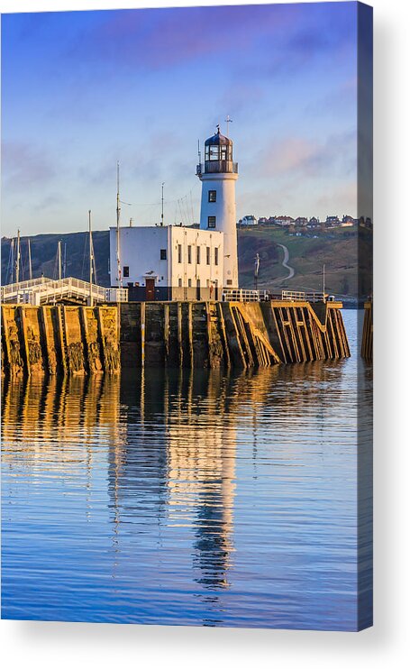Bridge Acrylic Print featuring the photograph Sunset over Scarborough Lighthouse #1 by Sue Leonard
