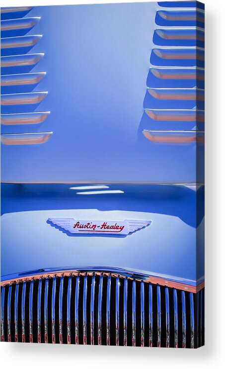 1956 Austin-healey 100m Bn2 'factory' Le Mans Competition Roadster Hood Emblem Acrylic Print featuring the photograph 1956 Austin-Healey 100M BN2 'Factory' Le Mans Competition Roadster Hood Emblem by Jill Reger