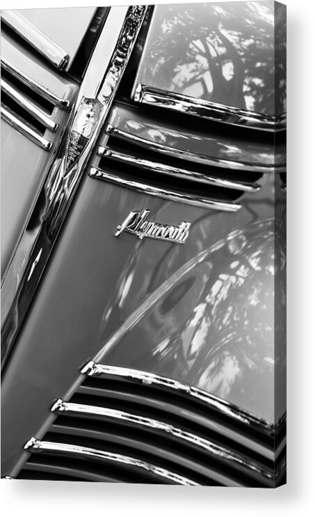 1940 Plymouth Deluxe Woody Wagon Grille Emblems Acrylic Print featuring the photograph 1940 Plymouth Deluxe Woody Wagon Grille Emblems #2 by Jill Reger