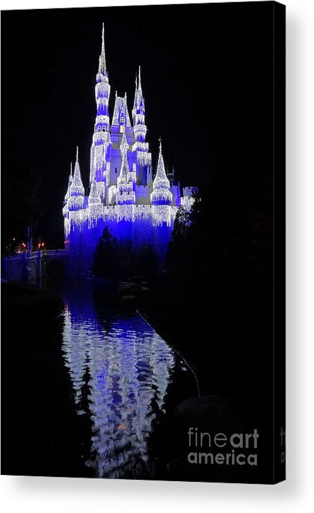 Walt Disney World Cinderella Castle Orlando Florida Lights Christmas Magic Kingdom Water Reflection Acrylic Print featuring the photograph Cinderella Castle #2 by AK Photography