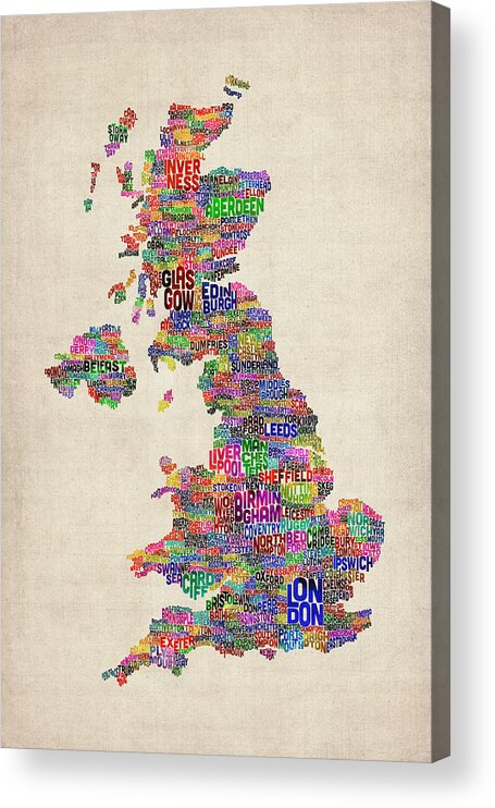 United Kingdom Acrylic Print featuring the digital art Great Britain UK City Text Map #22 by Michael Tompsett