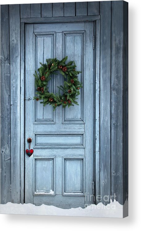 Christmas Acrylic Print featuring the photograph Christmas wreath on barn door #3 by Sandra Cunningham