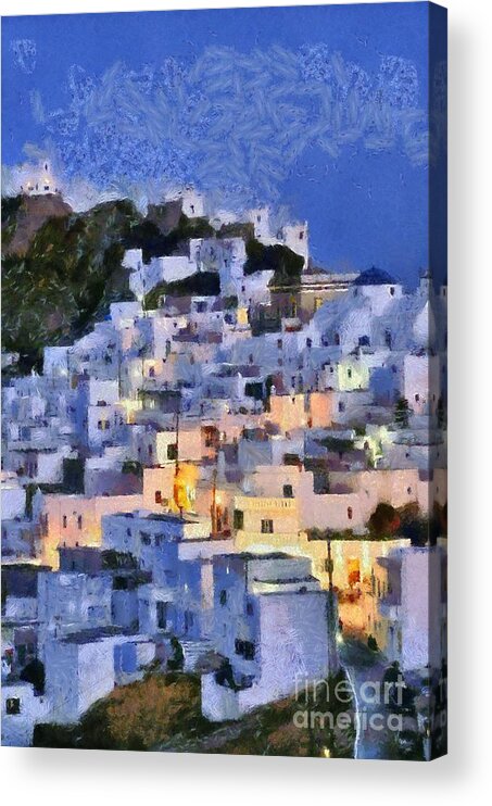 Serifos; Chora; Hora; Village; Town; Greece; Hellas; Greek; Cyclades; Kyklades; Aegean; Islands; Dusk; Twilight; Island; Night; Lights; Holidays; Vacation; Travel; Trip; Voyage; Journey; Tourism; Touristic; Summer; Blue Sky; White; House; Houses; Paint; Painting; Paintings Acrylic Print featuring the painting Serifos town during dusk time by George Atsametakis