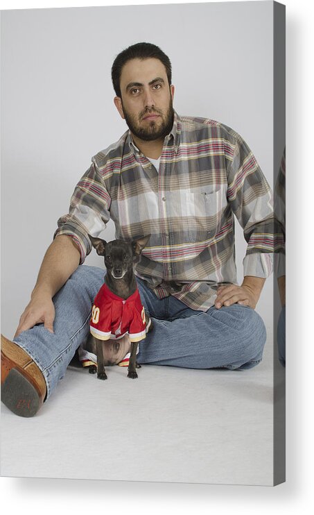 Dogs And Man Studio Portrait Acrylic Print featuring the photograph 9322 by Irina ArchAngelSkaya